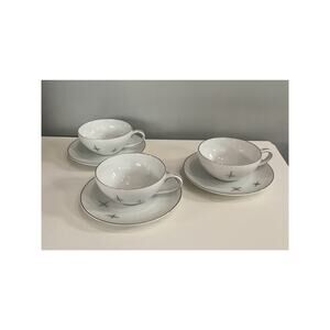 3 MCM Atomic Starburst Silver Cross Star Fukagawa Dinnerware Cup & Saucer Set